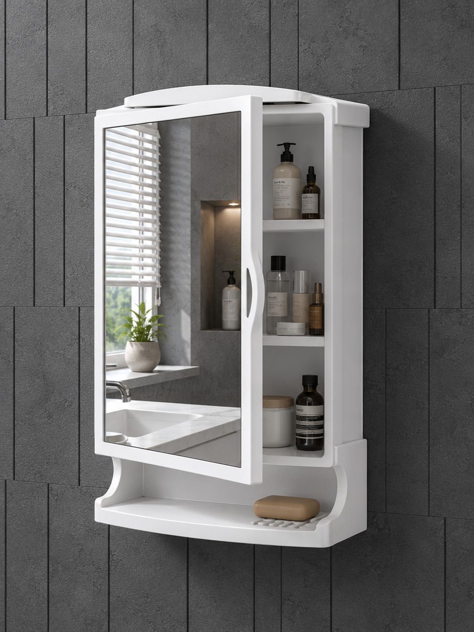 Heavy-Duty White ABS Bathroom Mirror Cabinet | Wall Mount Storage Organizer White Towel Holder-image-8