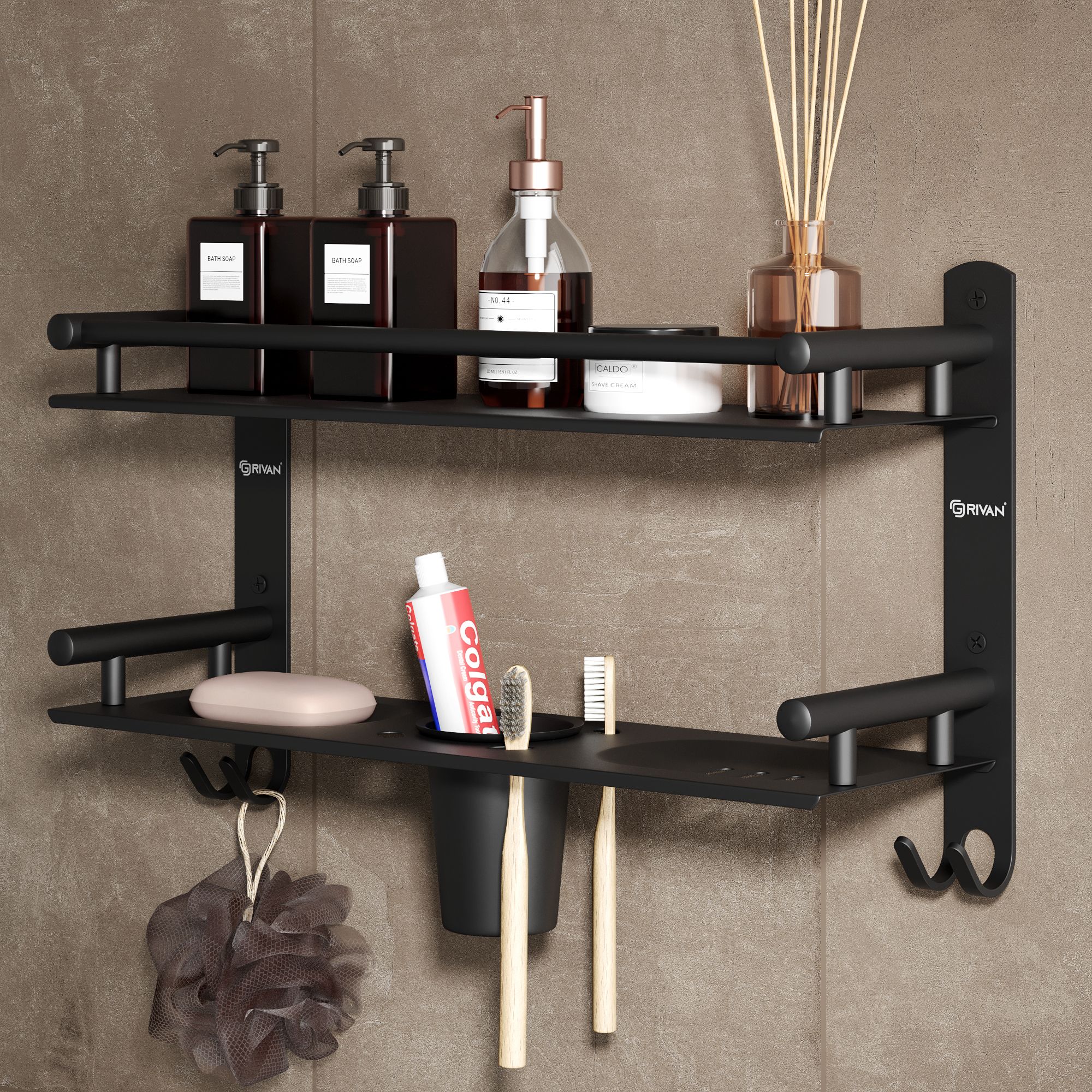 2 Tier Bathroom Shelf with Double Soap Dish and Tumbler Black Matt Finish Black Matte Towel Holder-image-4