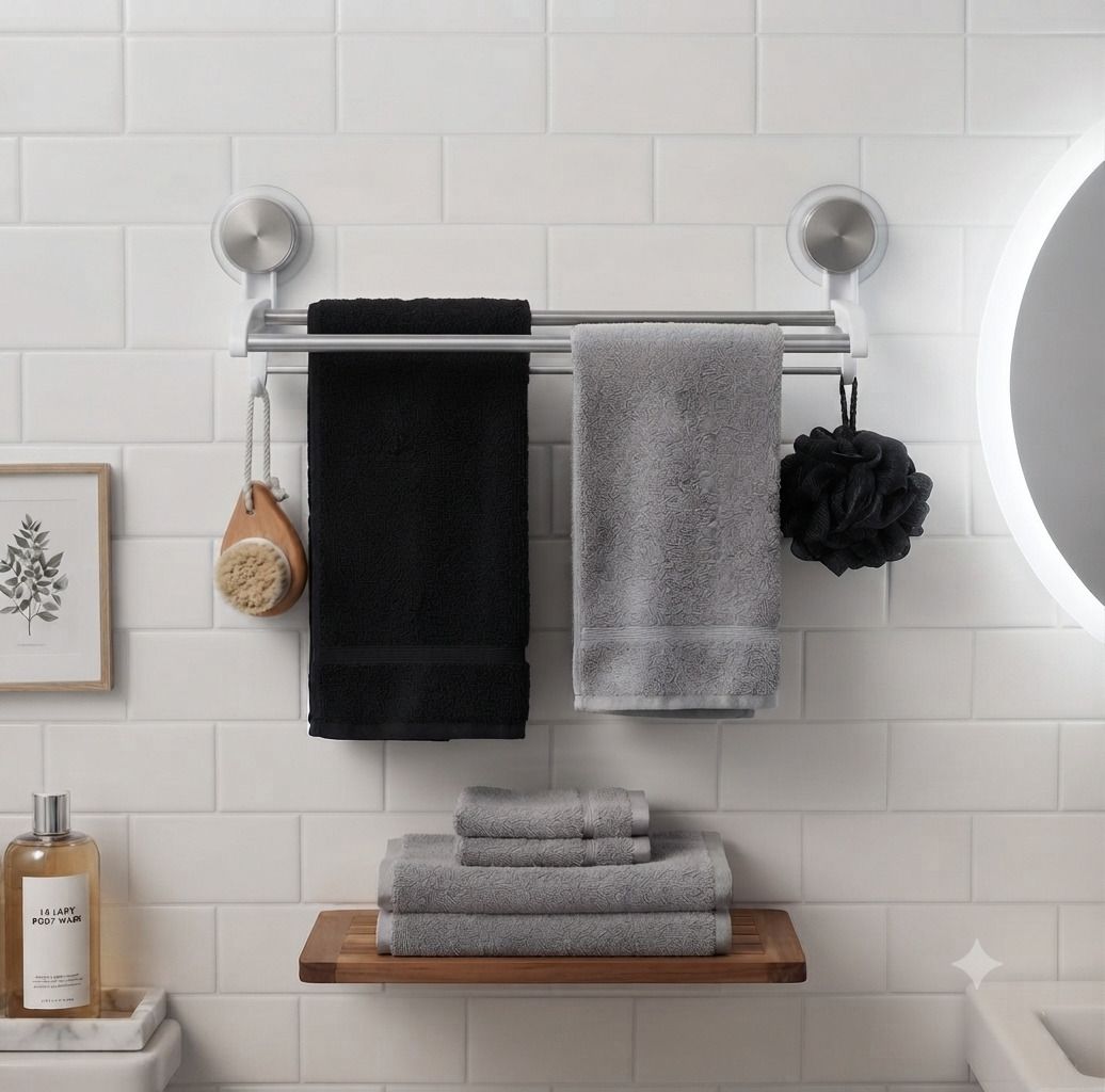 Double Towel Holder Wall Mounted | Self Adhesive Stainless Steel Bathroom Rack SIlver Towel Holder-image-36