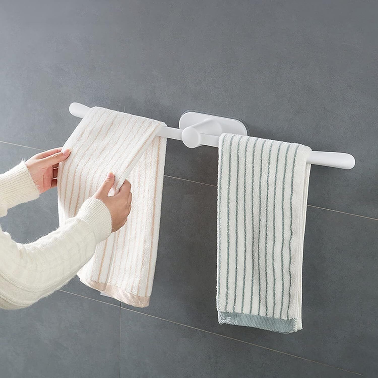 Self-Adhesive Plastic Towel Rack with 2 Detachable Arms (62 cm, White) White Towel Holder-image-47