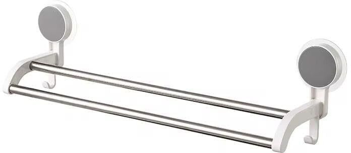 Self Adhesive Double Rod Towel Holder with Shelf Stainless Steel Bathroom Rack Silver Towel Holder-image-25