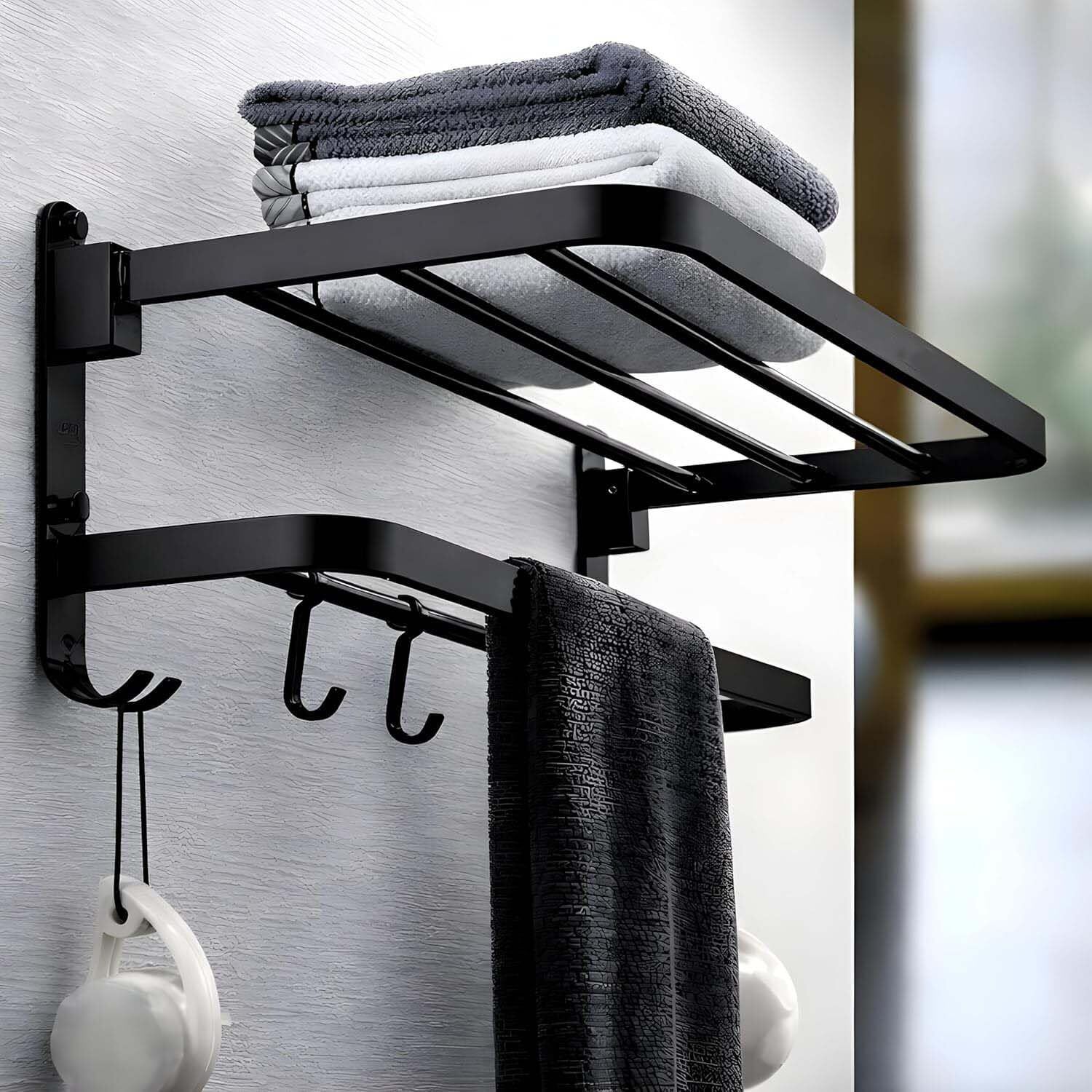 Foldable 2Tier Stainless Steel Bathroom Towel Rack with Hooks Wall Mounted Shelf Black Towel Holder-image-48