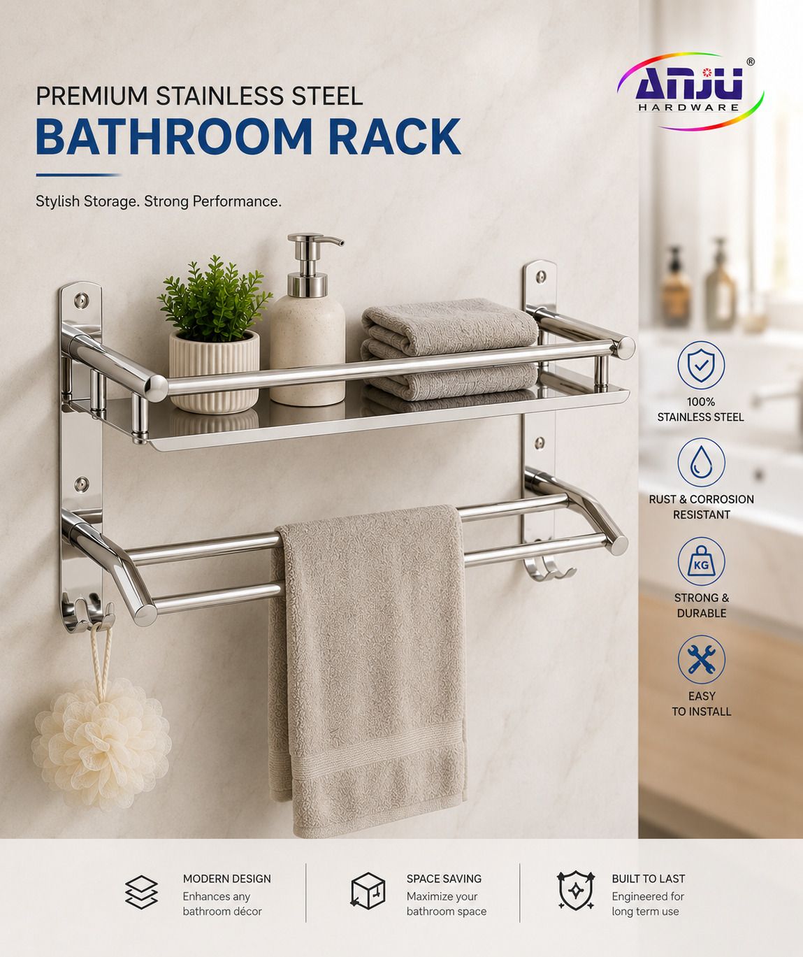 anju Space-Saving Wall Mount Bathroom Rack with Shelf, Bar & Hooks Stainless Steel Wall Shelf-picture-40