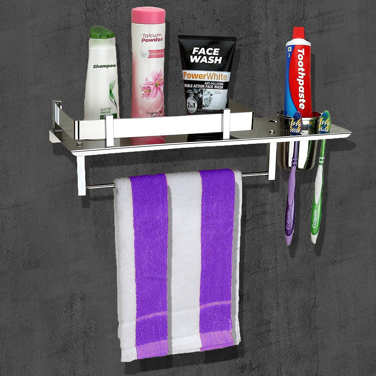Stainless Steel 3 in 1 Bathroom Shelf Rack/Towel Hanger/Tumbler Holder Towel Rod Stainless Steel Toilet Paper Holder-image-21