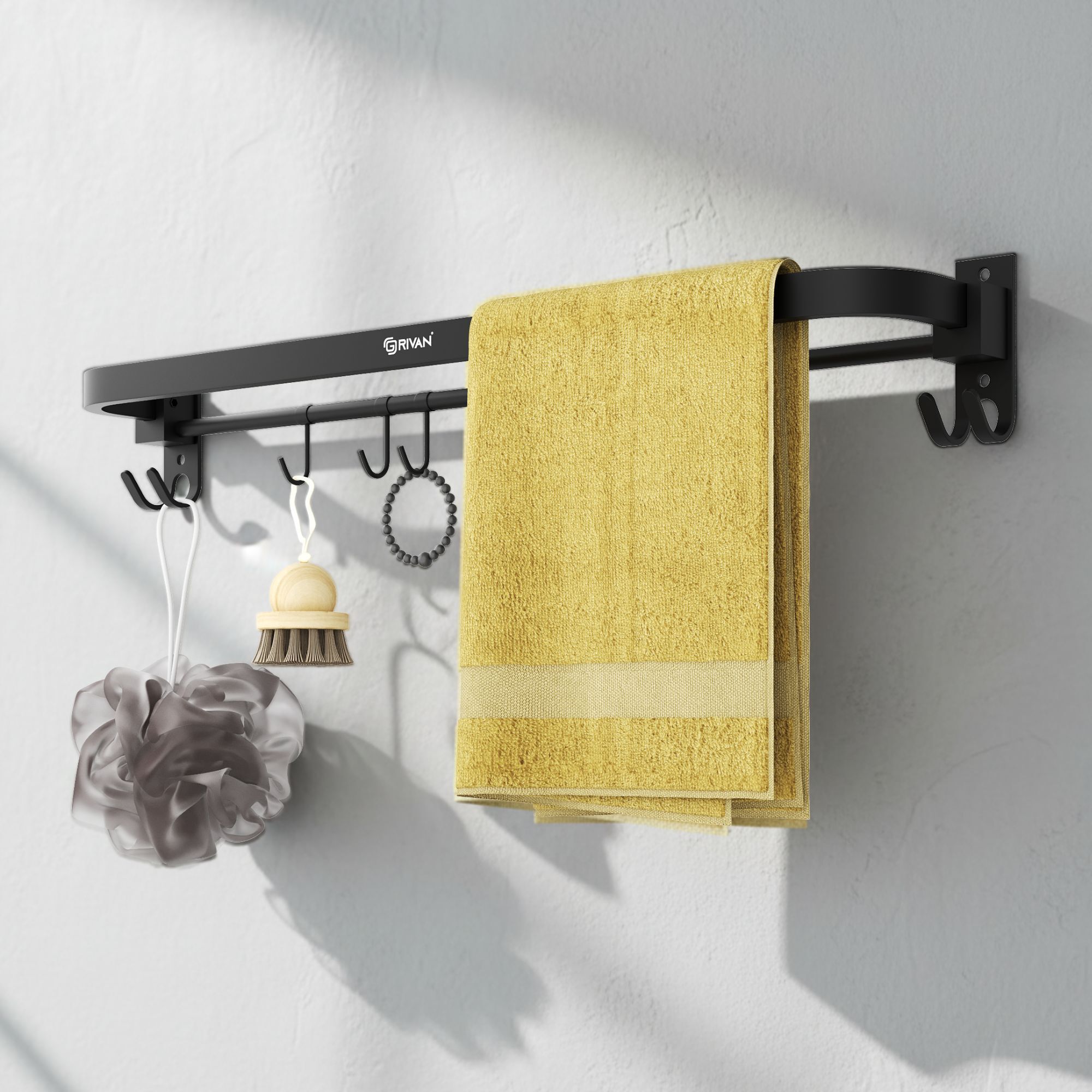 Stylish 24-Inch Foldable Towel Rod/Stand for Bathroom with Hooks & Hanger Black Towel Holder-image-10