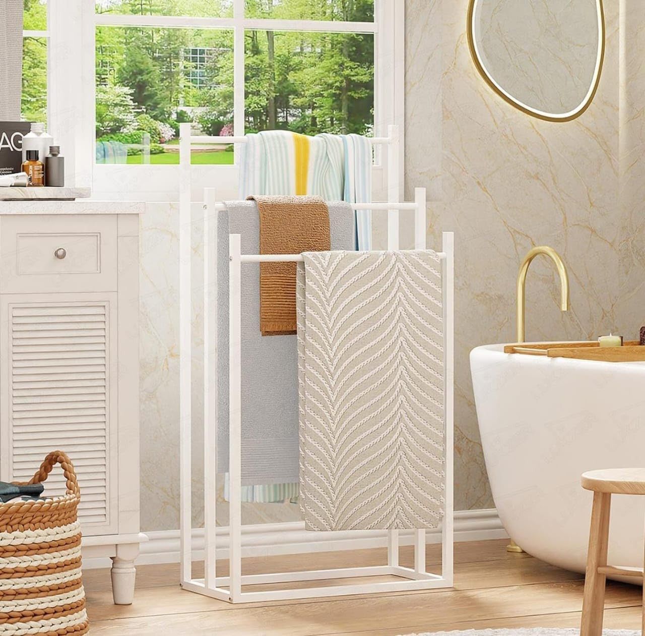 3-Tier Metal Towel Rack Stand for Bathroom, Floor standing, White white Towel Holder-image-0