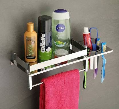 istar Stainless Steel 3 in 1 Multipurpose Bathroom Shelf | Bathroom Accessories | Rack | Towel Hanger | Tumbler Holder | Toothbrush Holder | - 1 Steel Towel Holder-picture-11