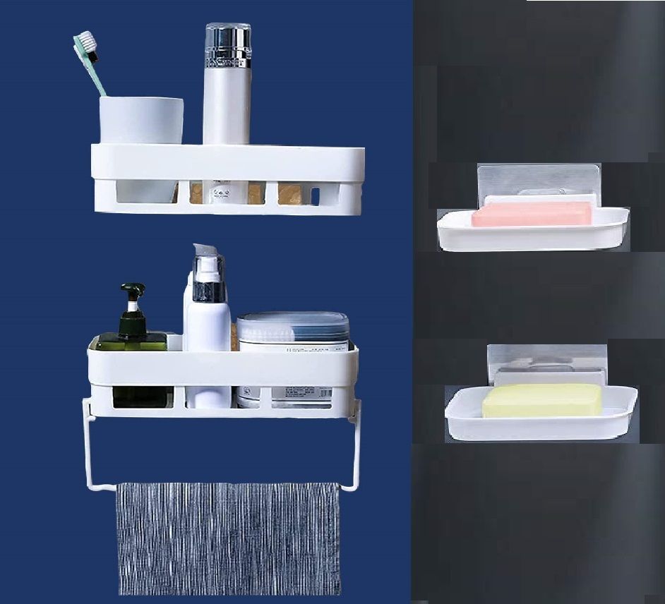 Plastic Bathroom Towel Bar With Soap Dish Self Adhesive Stickers White Towel Holder-image-35