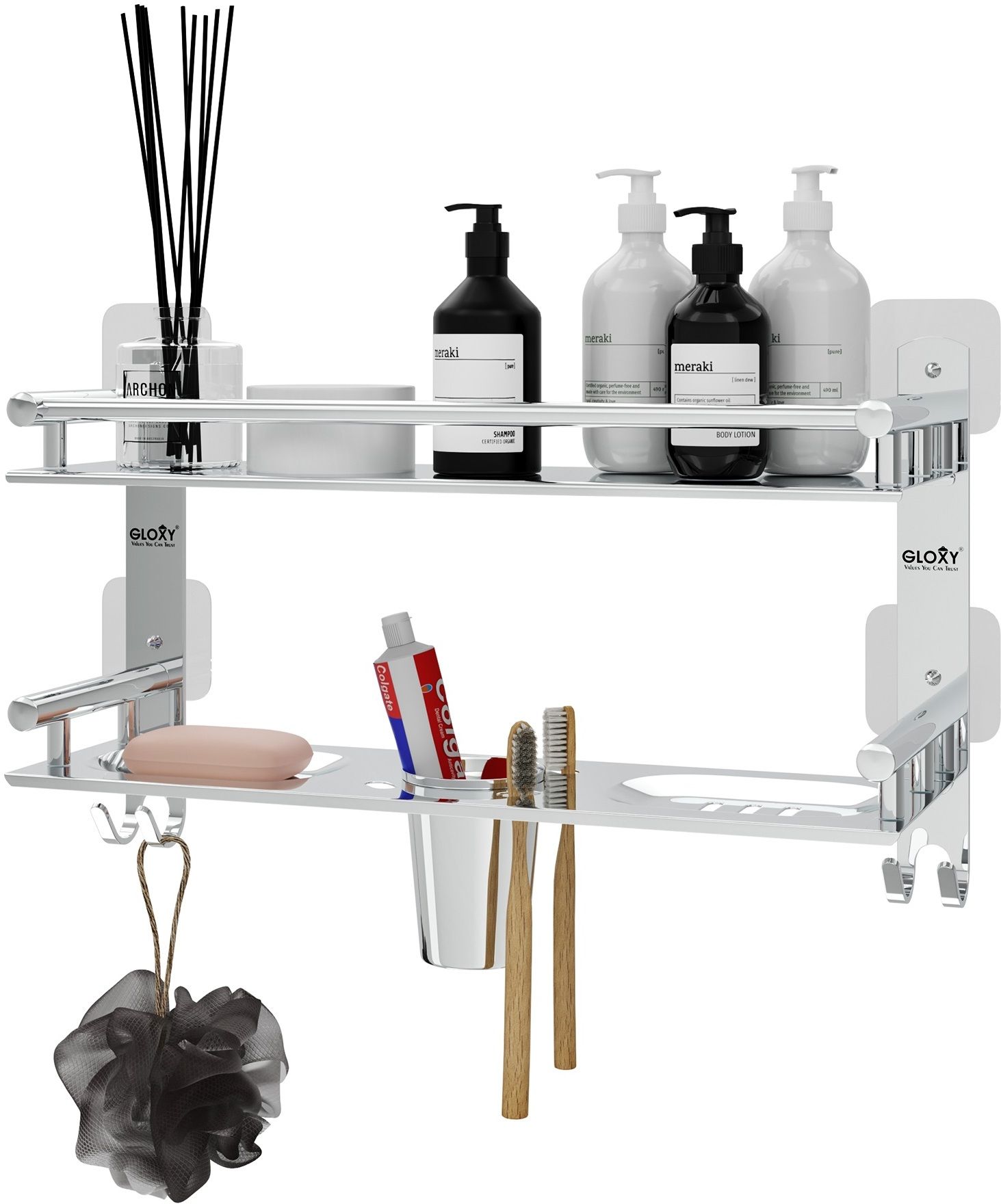 4 in 1 Magic Sticker Bathroom Shelf with Soap Dish with Toothbrush Holder Silver Towel Holder-image-30