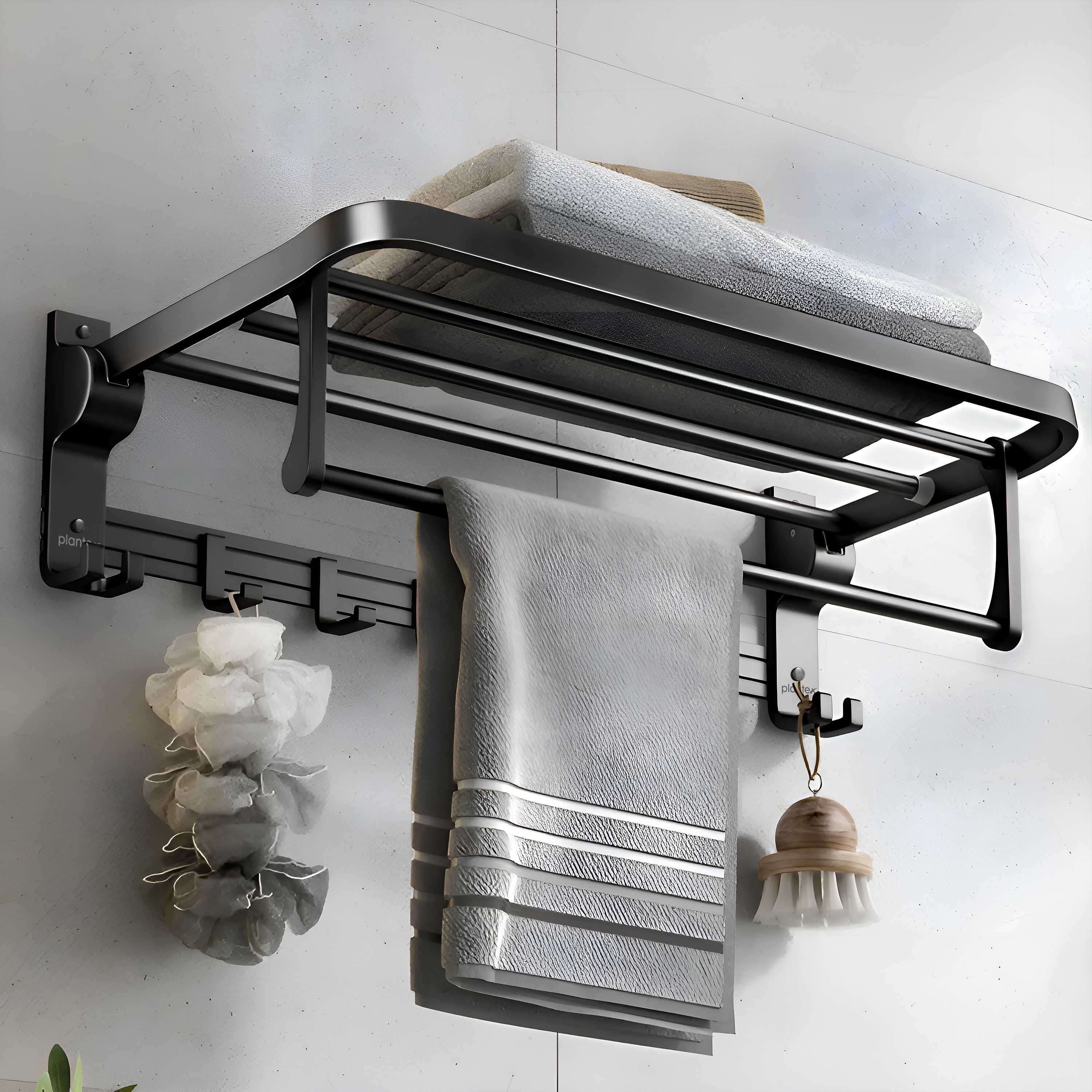 Aluminium Folding Towel Rack with Swivel Towel Rod/Towel Hanger with Hooks (962) Grey Towel Holder-image-35