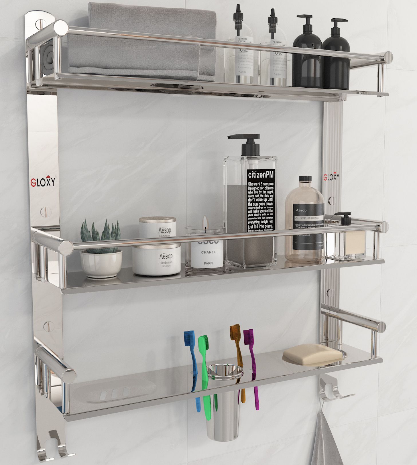 Bathroom Shelf and Rack with Double Soap Dish and Toothbrush /Soap Holder Stainless Steel Wall Shelf-image-33