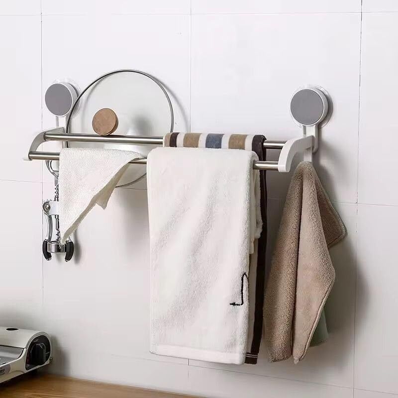 Double Towel Bar with Steel Rods,Wall Mounted Self Adhesive white Towel Holder-image-34