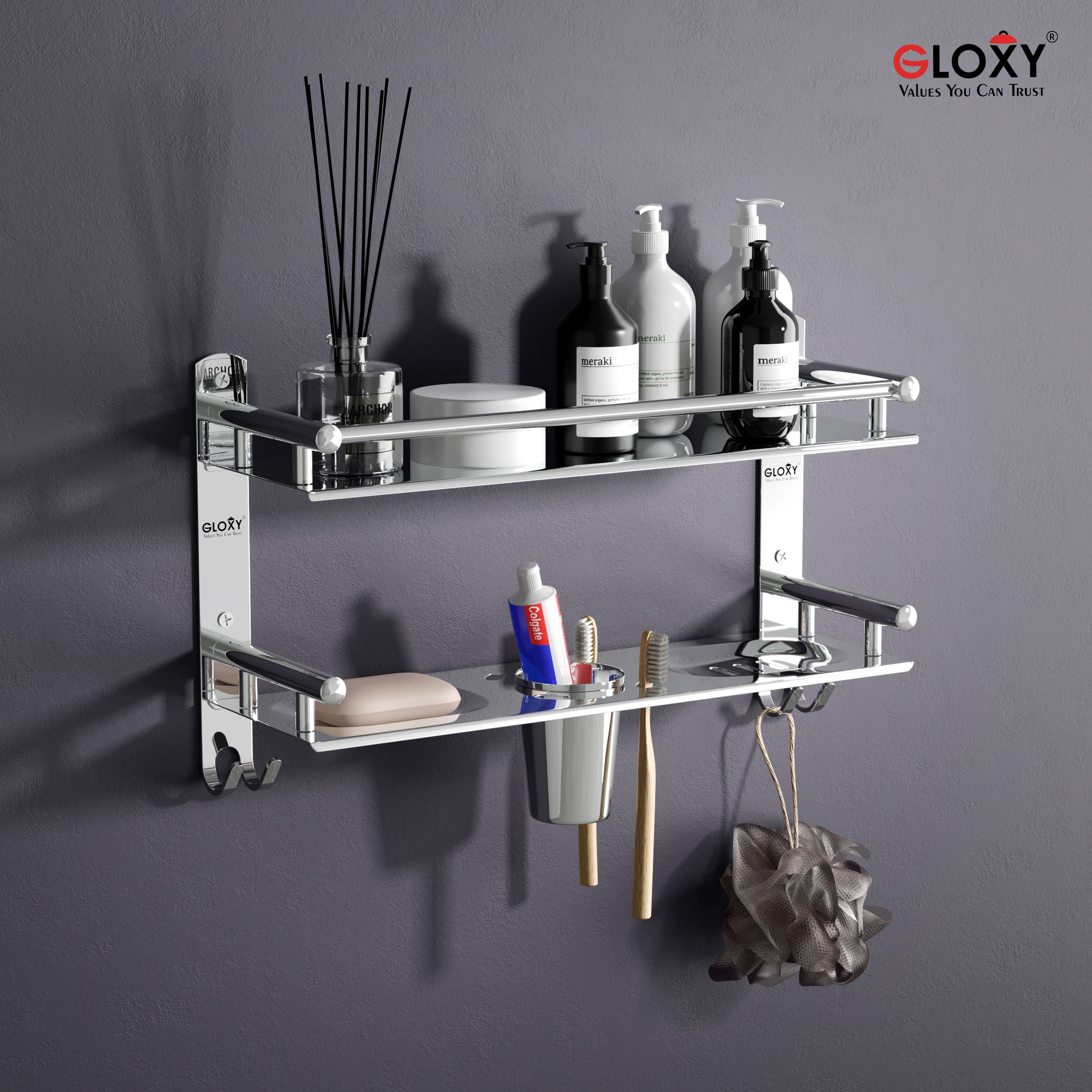4 in 1 Multipurpose Stainless Steel Bathroom Shelf for Wall | Soap Holder SILVER Towel Holder