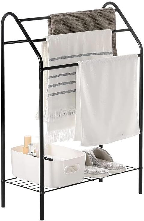 Towel Rack with 4 Tiered Bars and Storage Shelf, Laundry Room Drying Rack Stand Black Towel Holder-image-46