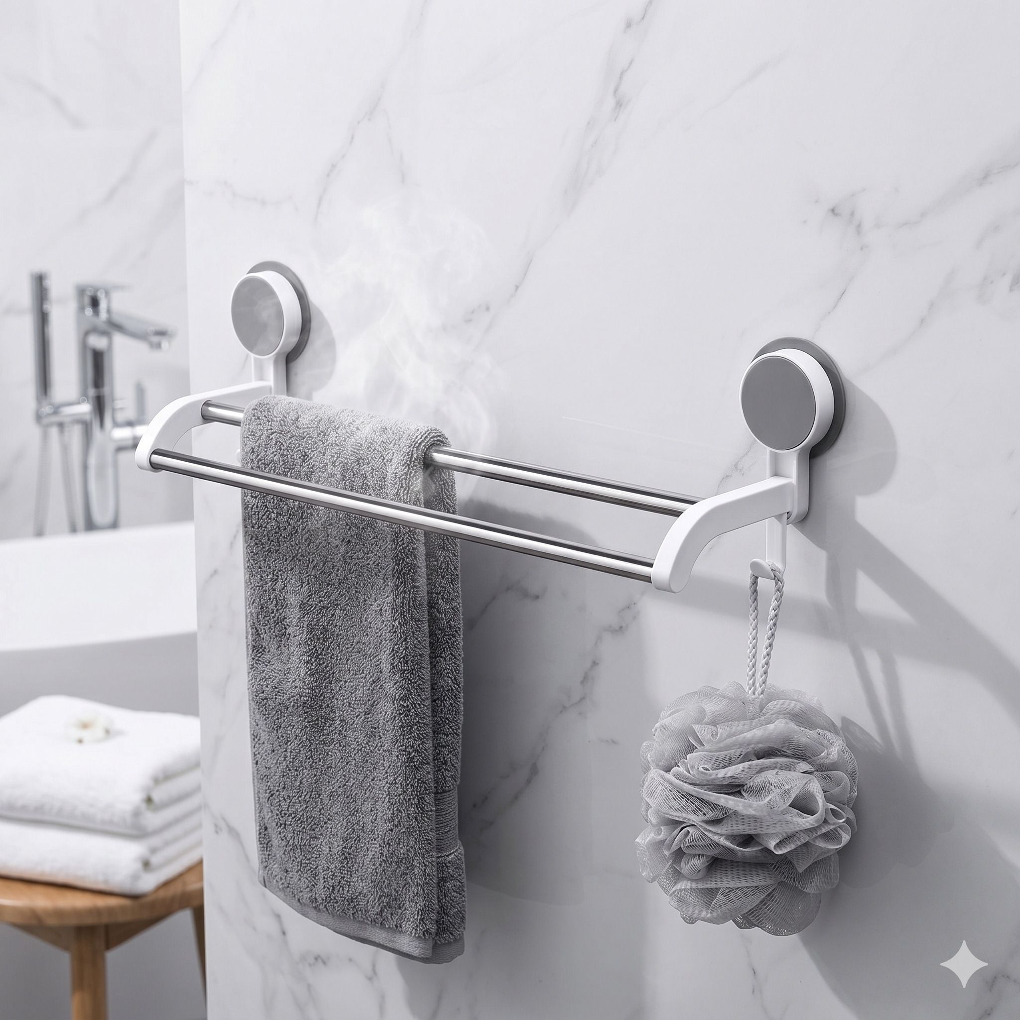 No Drill Self-Adhesive Double Towel Bar for Bathroom Stainless Steel Rods White & Grey Accent Towel Holder-image-12