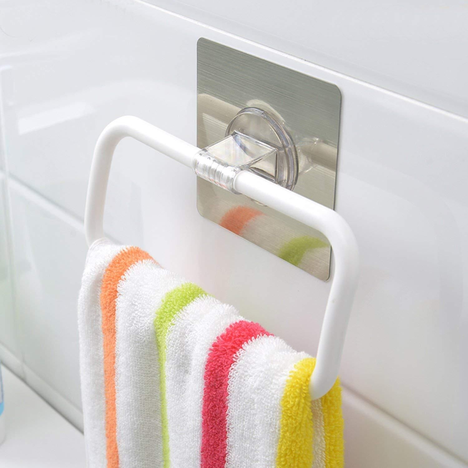 Self Adhesive Plastic Towel Ring & Napkin Holder for Bathroom & Kitchen White Towel Holder-image-45
