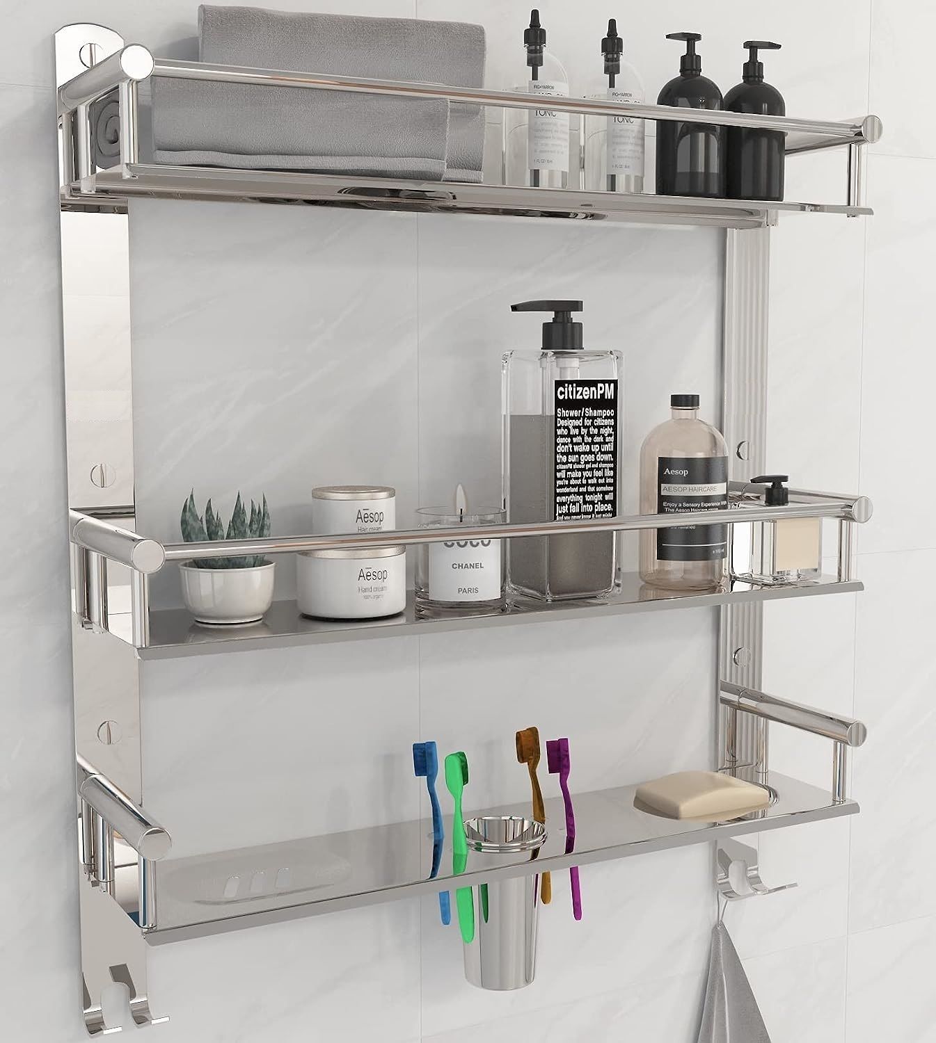 grivan 3 Layer Multipurpose Bathroom Shelf with Double Soap Dish and Tumbler Silver Towel Holder-picture-15