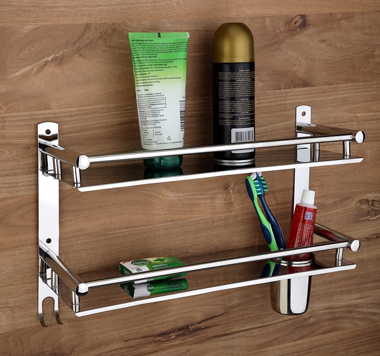 2-Layer Multipurpose Bathroom Rack with Toothbrush Silver Towel Holder-image-8