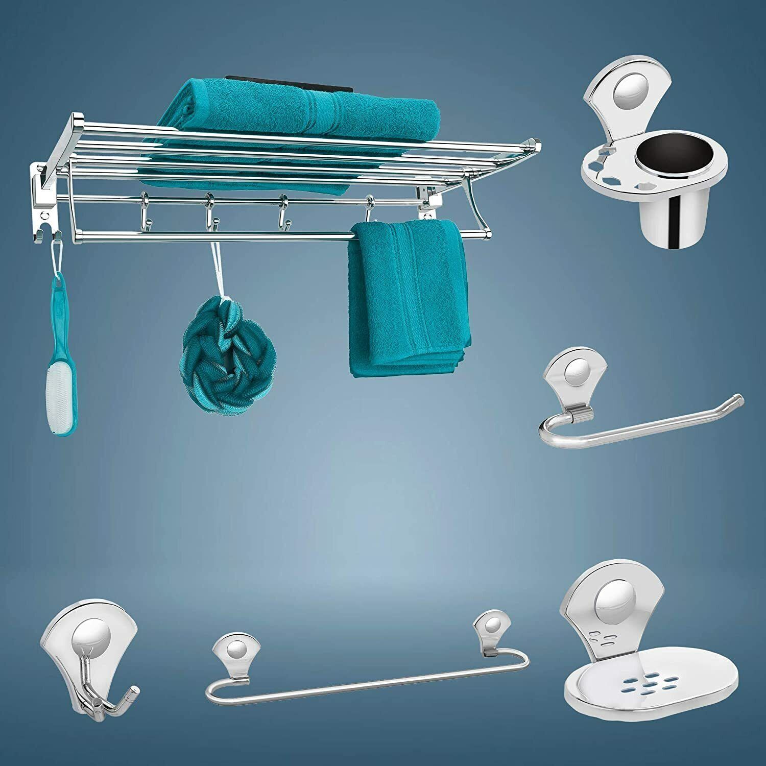 Bathroom Accessories-6pcs Organizer Set (Chrome) Silver Towel Holder-image-34