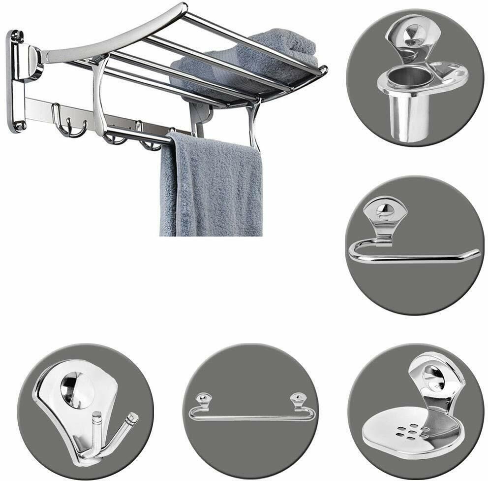 Stainless Steel Folding Towel Rack with Royal Bathroom Accessories Set of 5pcs Silver Towel Holder-image-14
