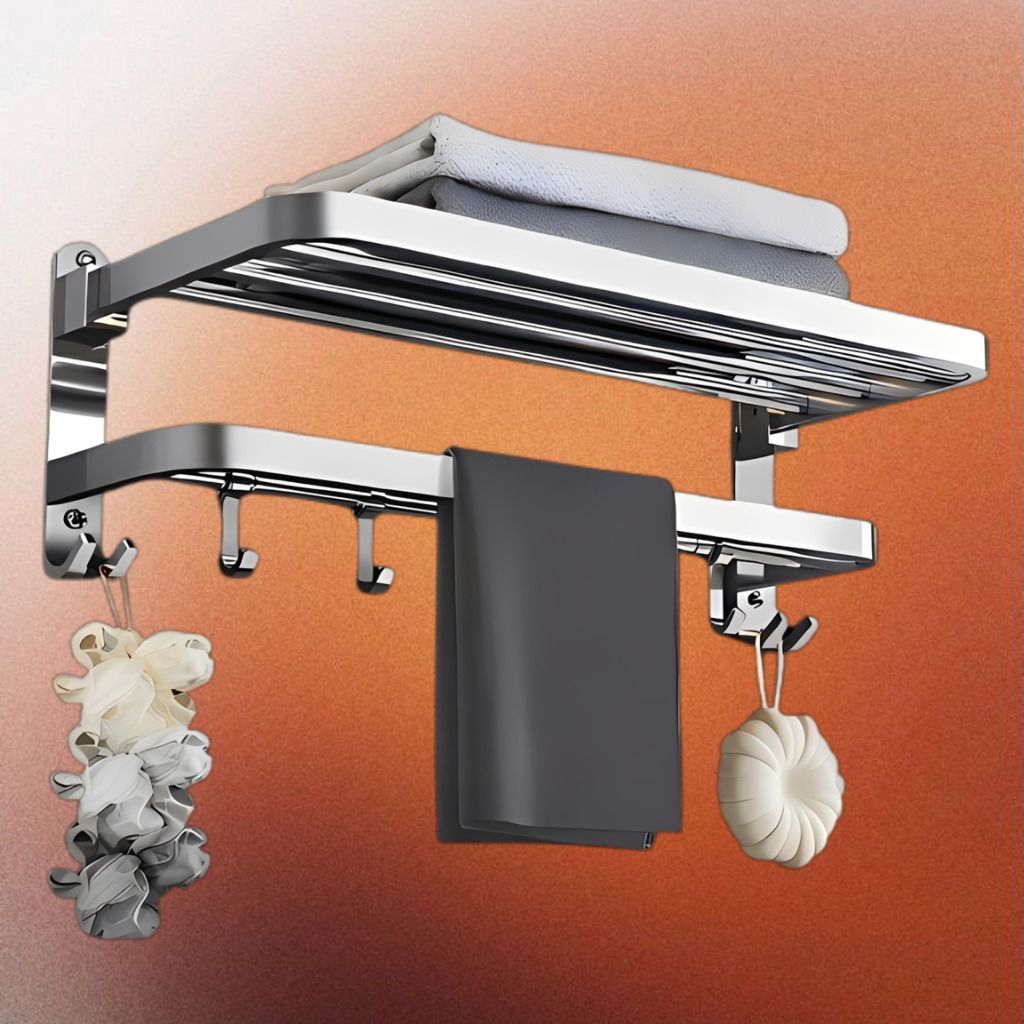 EcoMount Foldable No Drill Stainless Steel Towel Rail with Hooks Silver Towel Holder-image-49