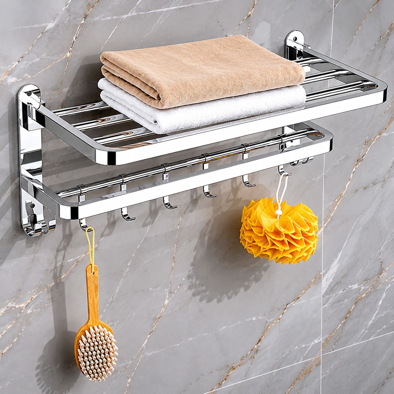 Rust Free Bathroom Shelf Rack with Hook Hanger Design 60 inch 2 Bar Towel Rod-image-27