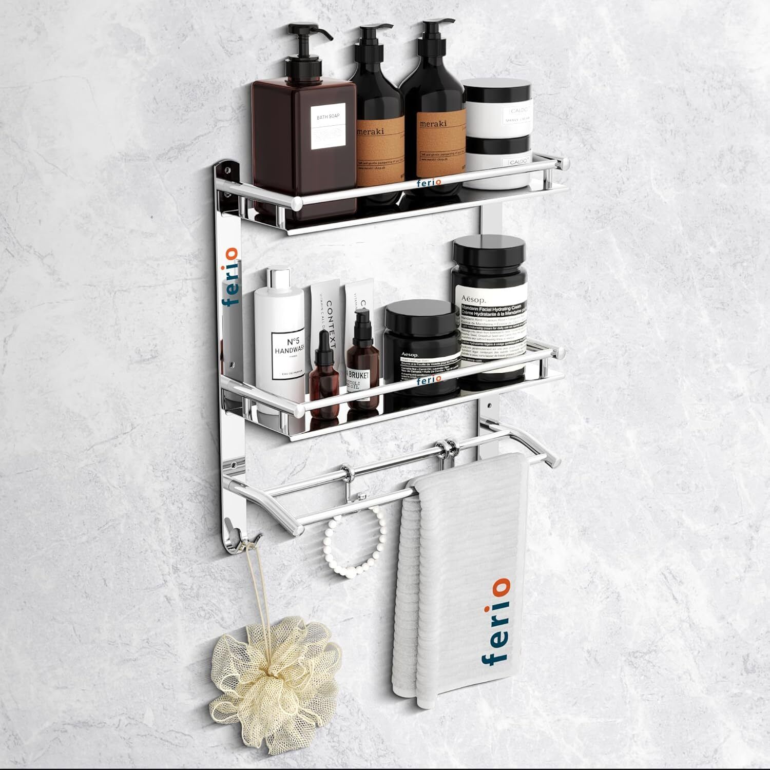 Bathroom Shelf Rack with Towel Holder & Hooks | 2 Layer Bathroom Organizer 15 inch 2 Bar Towel Rod-image-37