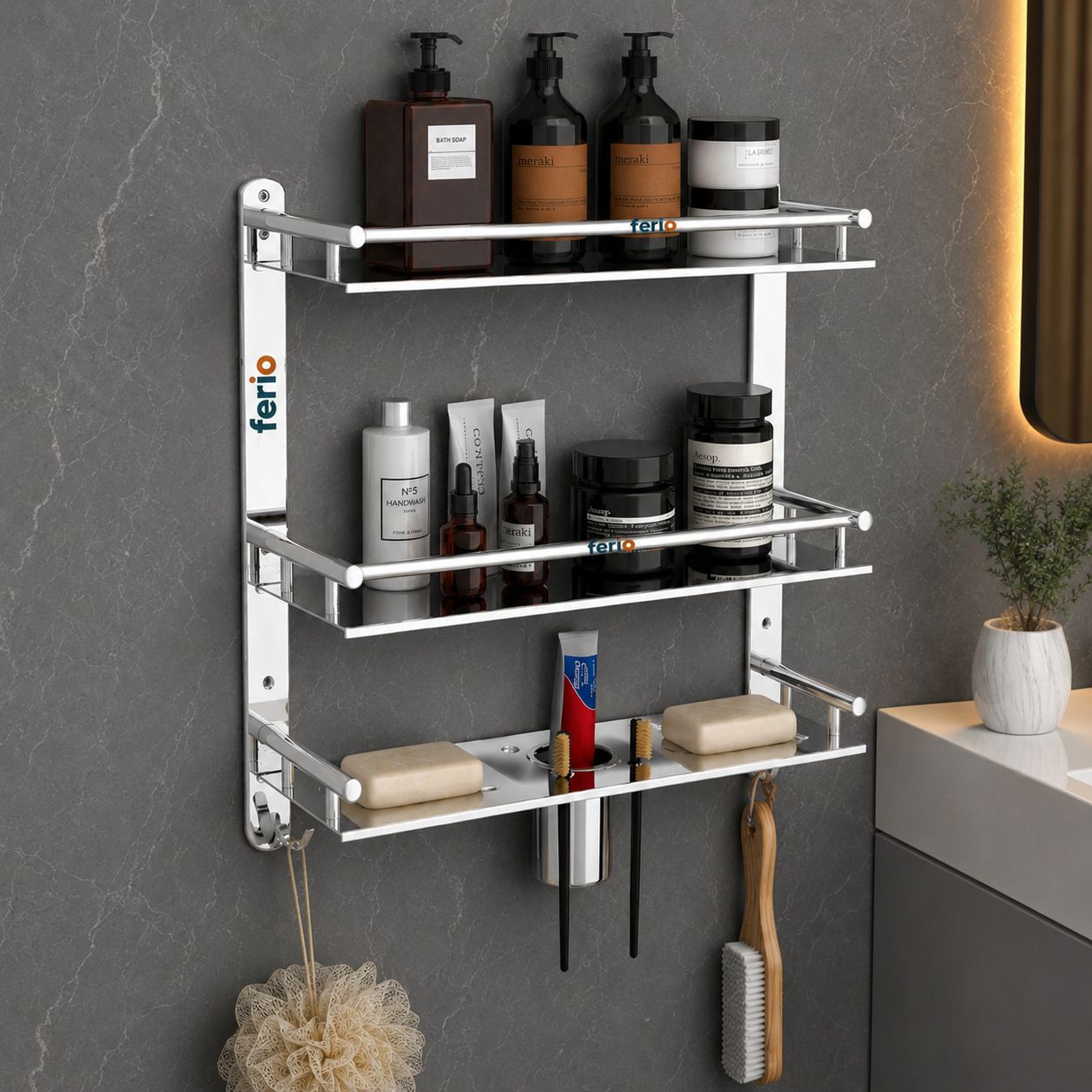 3 Layer Multipurpose Bathroom Shelf Wall Mounted Storage Rack 15 inch 3 Bar Towel Rod-image-49