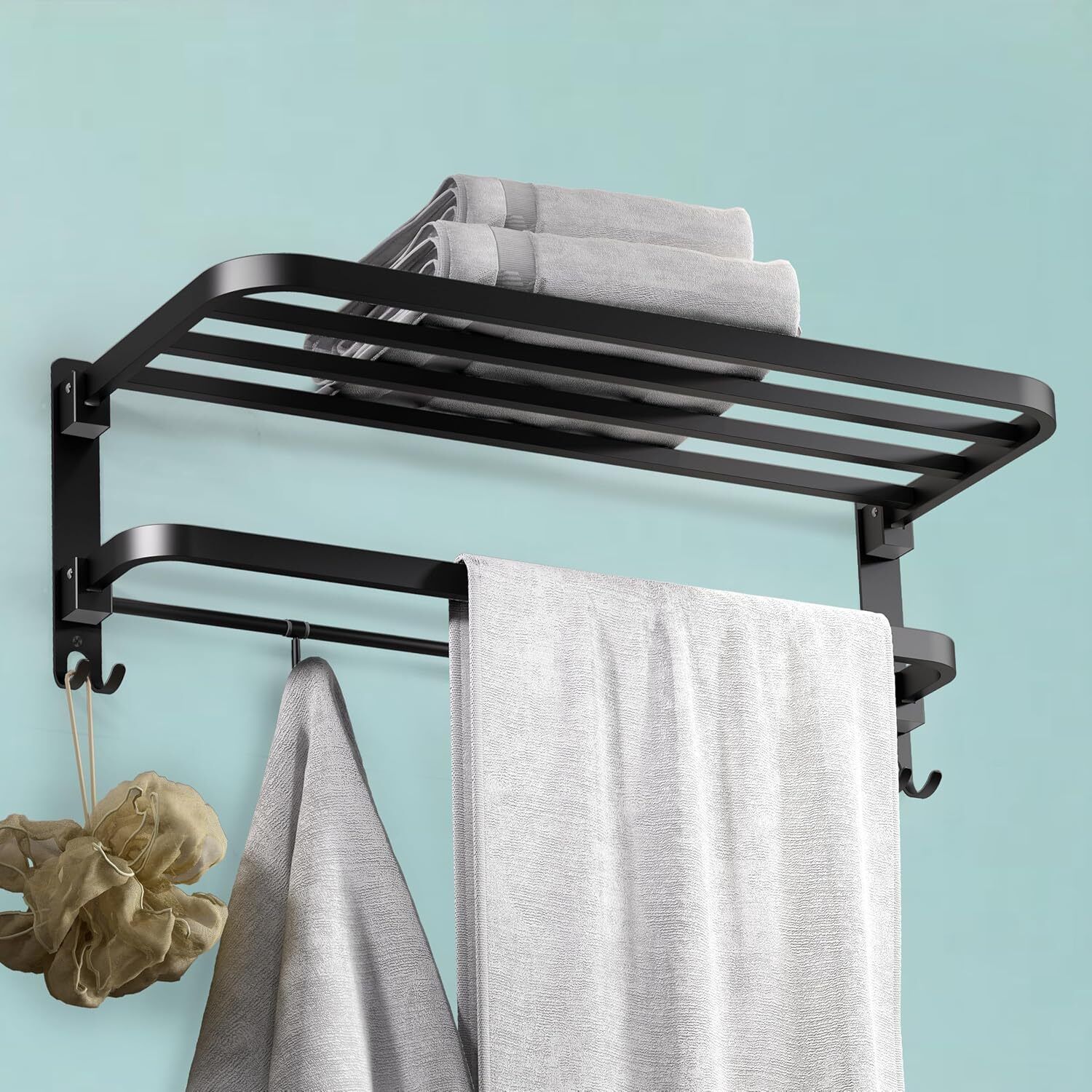 Stainless Steel Matte Black Folding Towel Rack/Towel Hanger for bathroom 24 inch 2 Bar Towel Rod-image-14