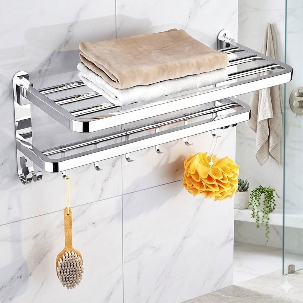 forsquare hardware products Rust Free Bathroom Towel Storage Rack with Utility Hooks 60 inch 2 Bar Towel Rod-picture-43