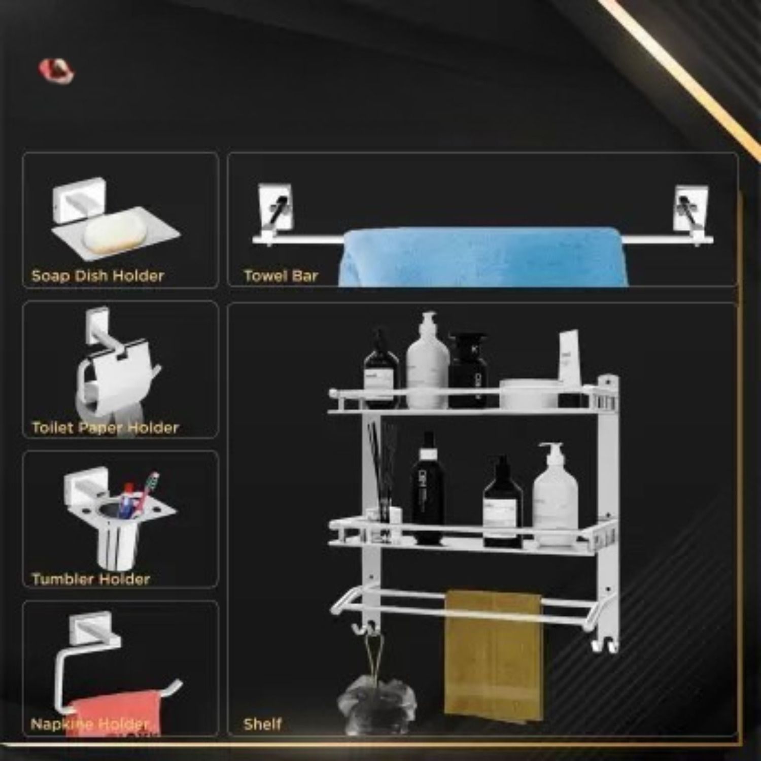 SS304 6pcs Bathroom Set-Napkin Ring/Towel Rod/Soap/Toilet Paper/Tumbler Holder 24 inch 2 Bar Towel Rod-image-24
