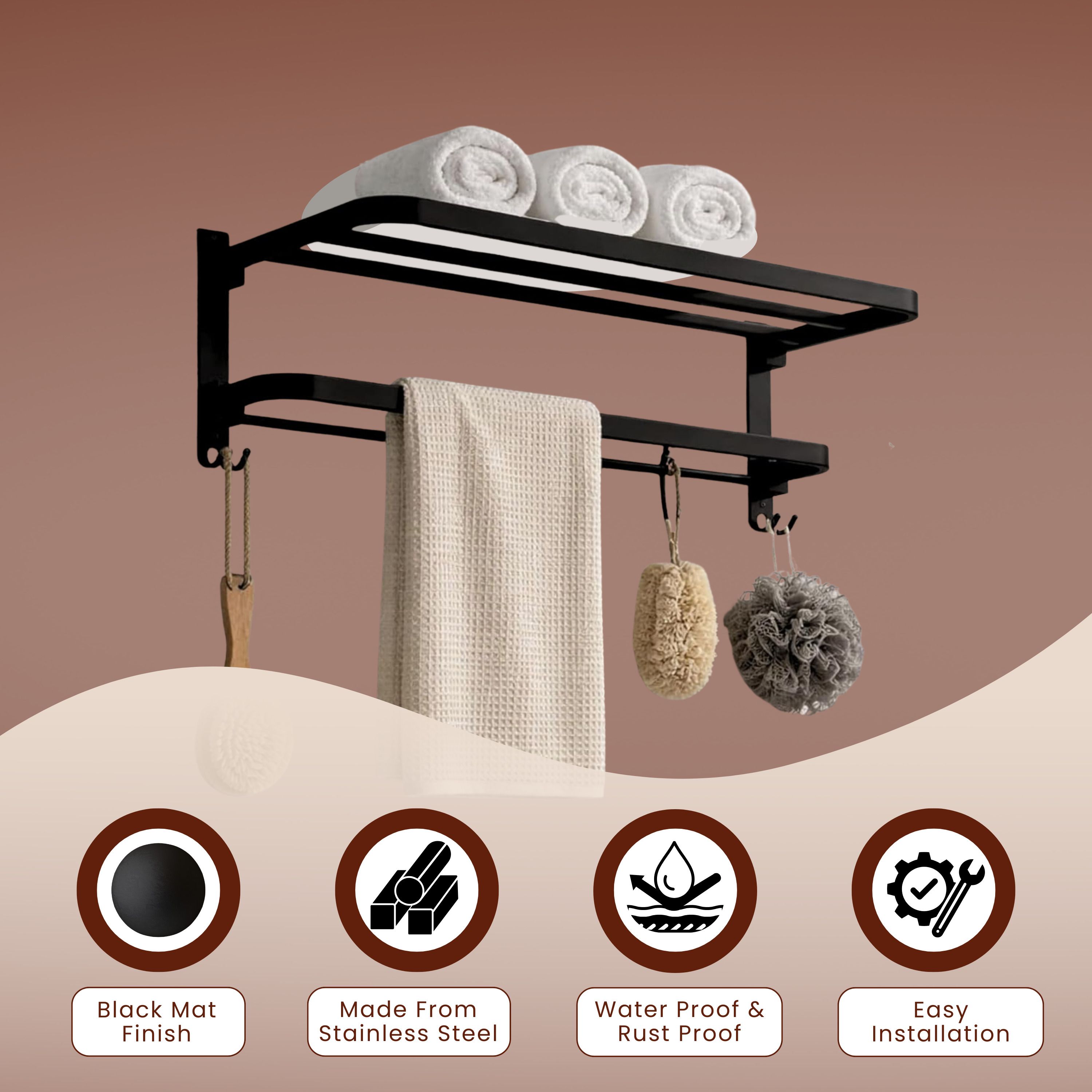 ferio Folding Towel Rack with Hooks | Wall Mounted Bathroom Shelf | Space Saving 24 inch 2 Bar Towel Rod-picture-24