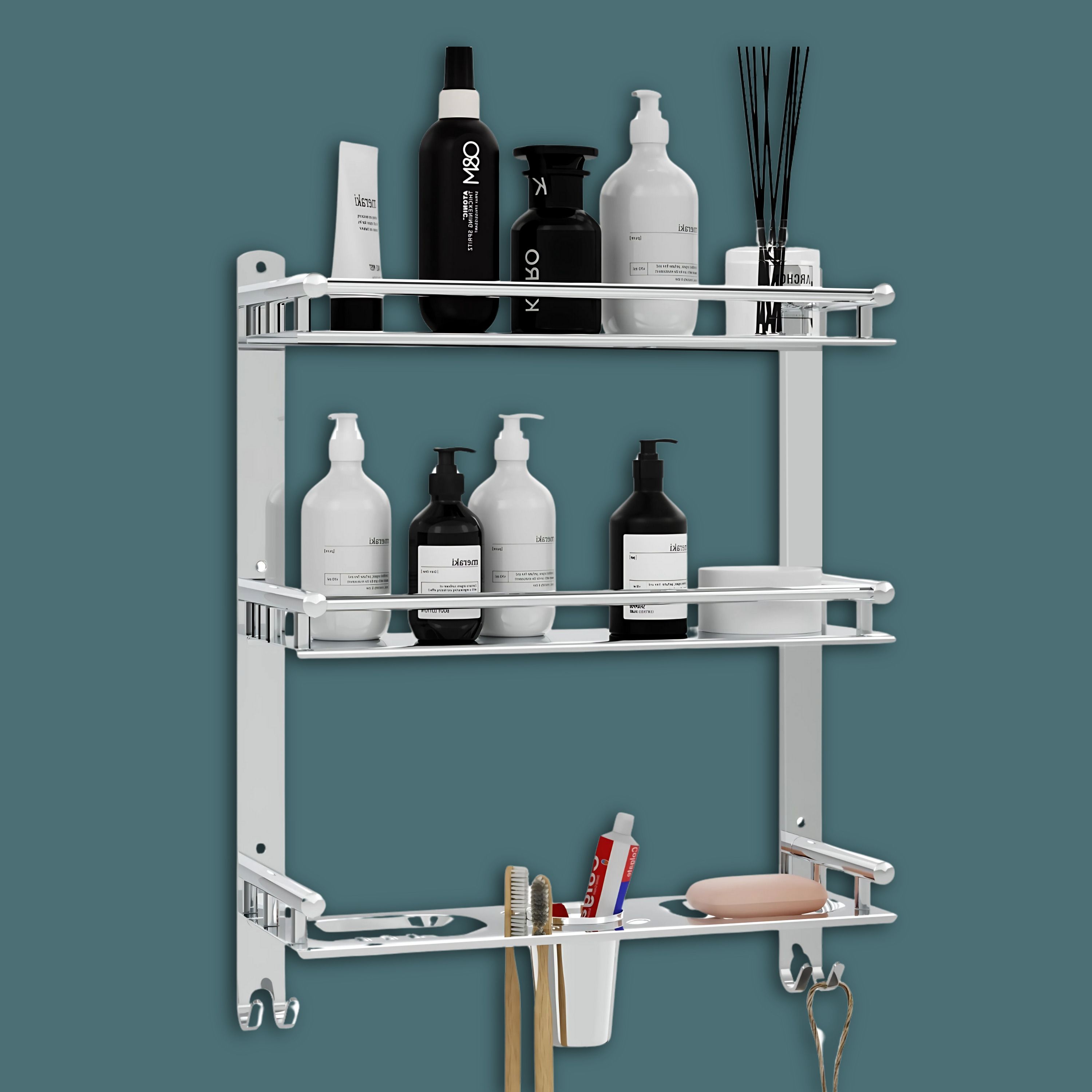 gloxy 3 Layer Multipurpose Bathroom Shelf with Double Soap Dish and Tumbler 15 inch 3 Bar Towel Rod-picture-14