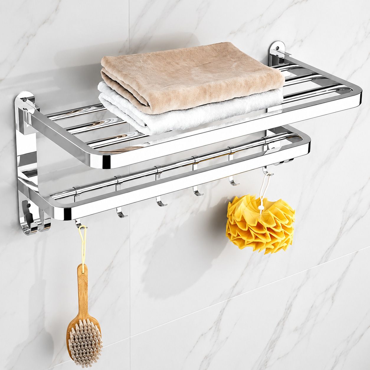 forsquare hardware products Foldable Bathroom Storage Shelf with Towel Rod and Hooks 60 inch 2 Bar Towel Rod-picture-35