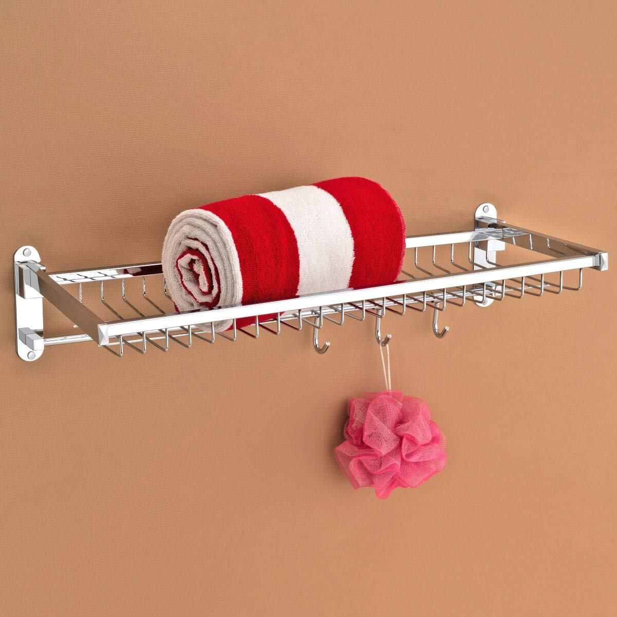 Bathroom Towel Rack with Hooks | Wall Mounted Towel Holder Shelf 24 inch 1 Bar Towel Rod-image-39