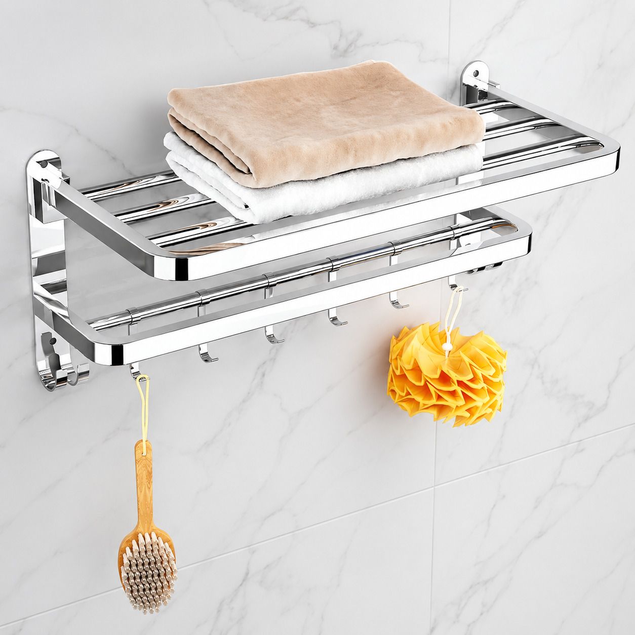forsquare hardware products Heavy Duty Bathroom Shelf Organizer with Utility Hooks 60 inch 2 Bar Towel Rod-picture-15