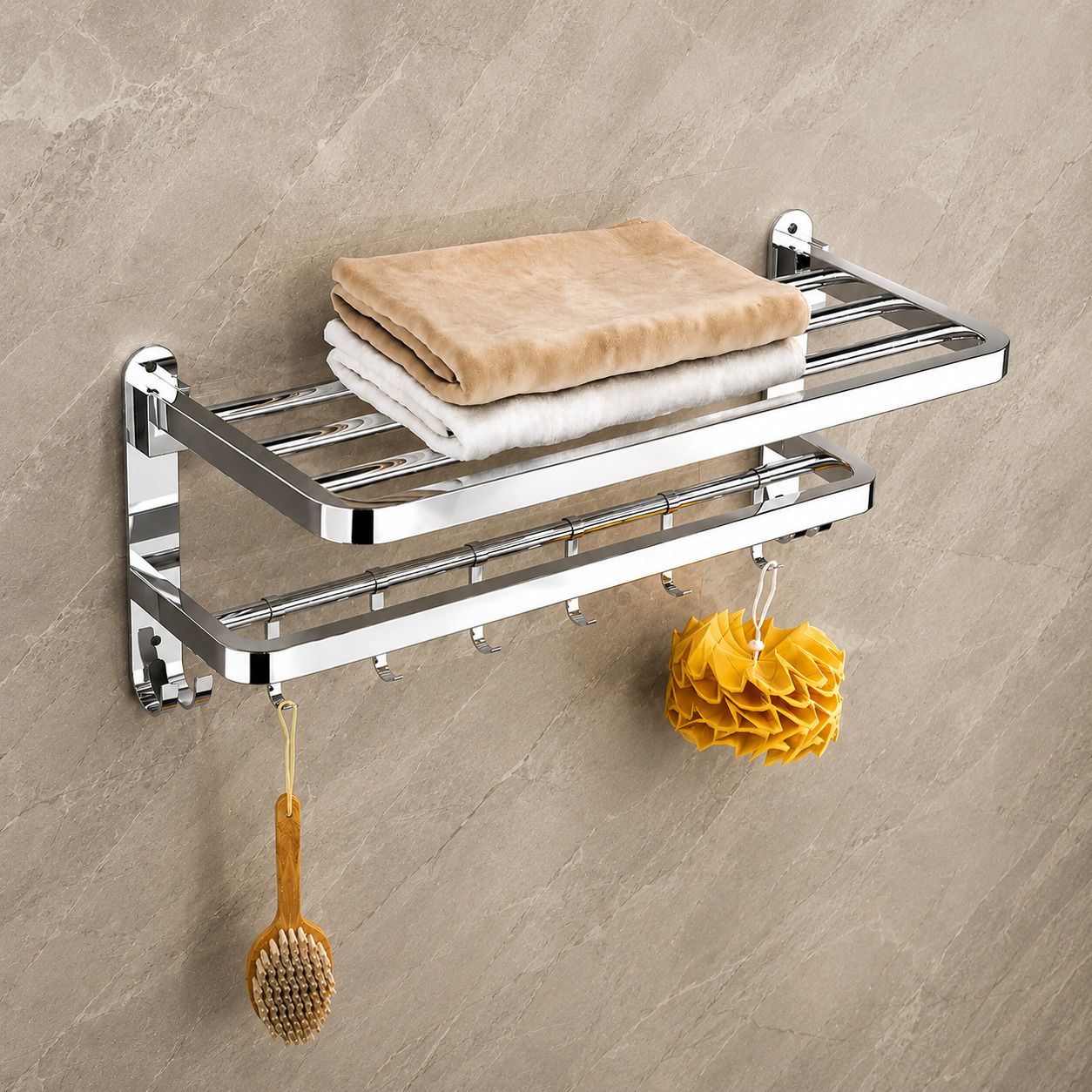 forsquare hardware products Foldable Bathroom Utility Rack with Towel Holder Hooks 60 inch 2 Bar Towel Rod-picture-26