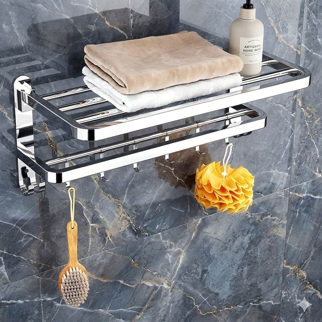 Bathroom Storage Shelf Towel Rack with Stainless Steel Hooks 60 inch 2 Bar Towel Rod-image-48