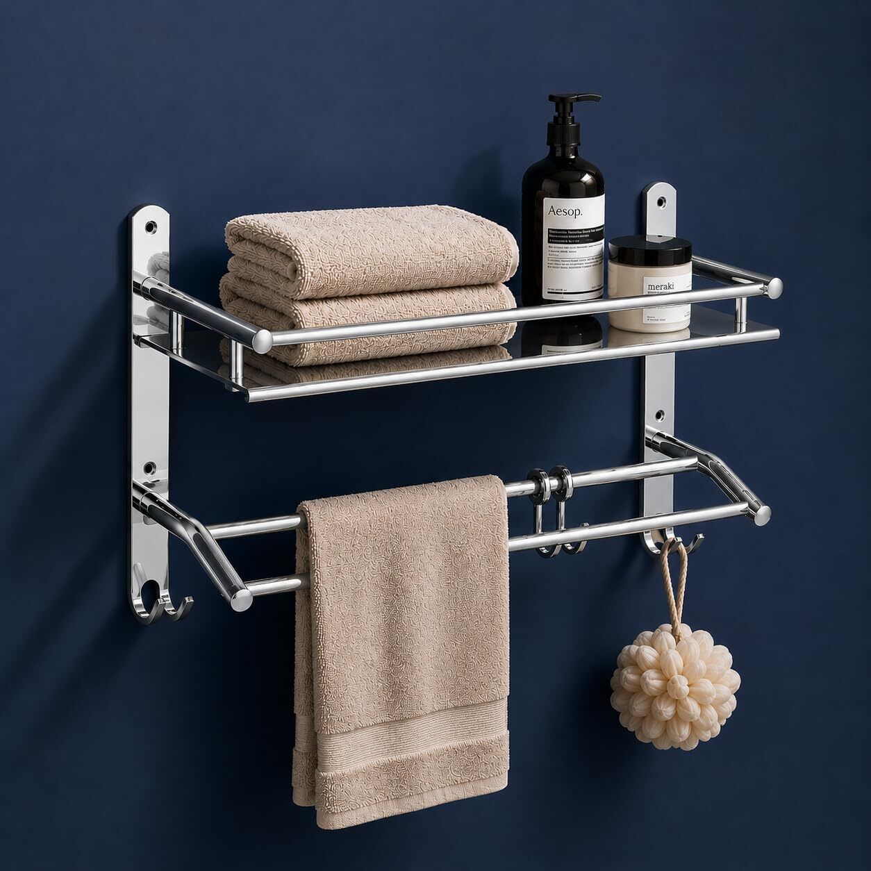 Bathroom Towel Rack Shelf with Double Towel Rod & Hooks 15 inch 2 Bar Towel Rod-image-20
