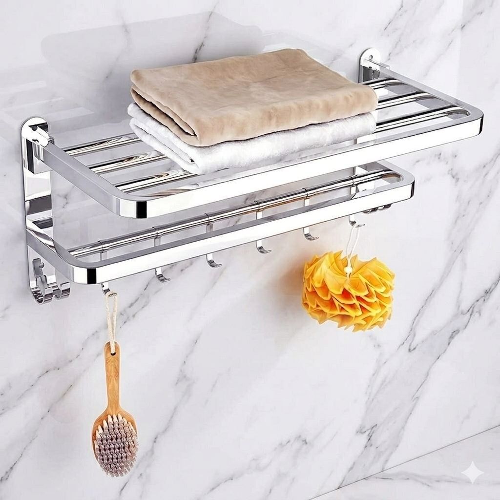 Bathroom Towel Rack Stainless Steel Wall Shelf with 6 Utility Hooks 60 inch 2 Bar Towel Rod-image-15