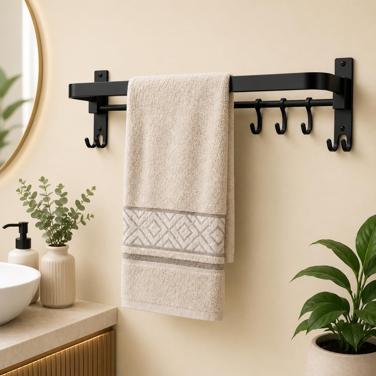 ferio Wall Mounted Bathroom Towel Rack with Shelf & Hooks | Bathroom/Kitchen 24 inch 1 Bar Towel Rod-picture-41