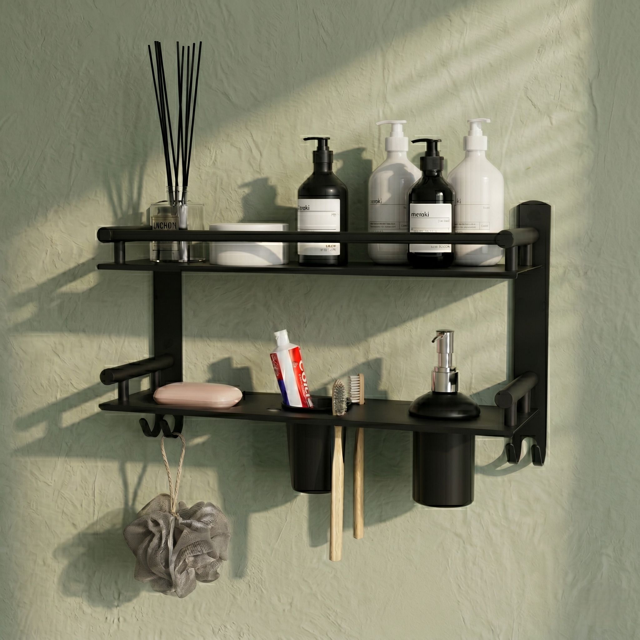 Multipurpose 2-Layer Bathroom Rack Shelf with Soap Stand & Toothbrush Holder 15.7 inch 1 Bar Towel Rod-image-44