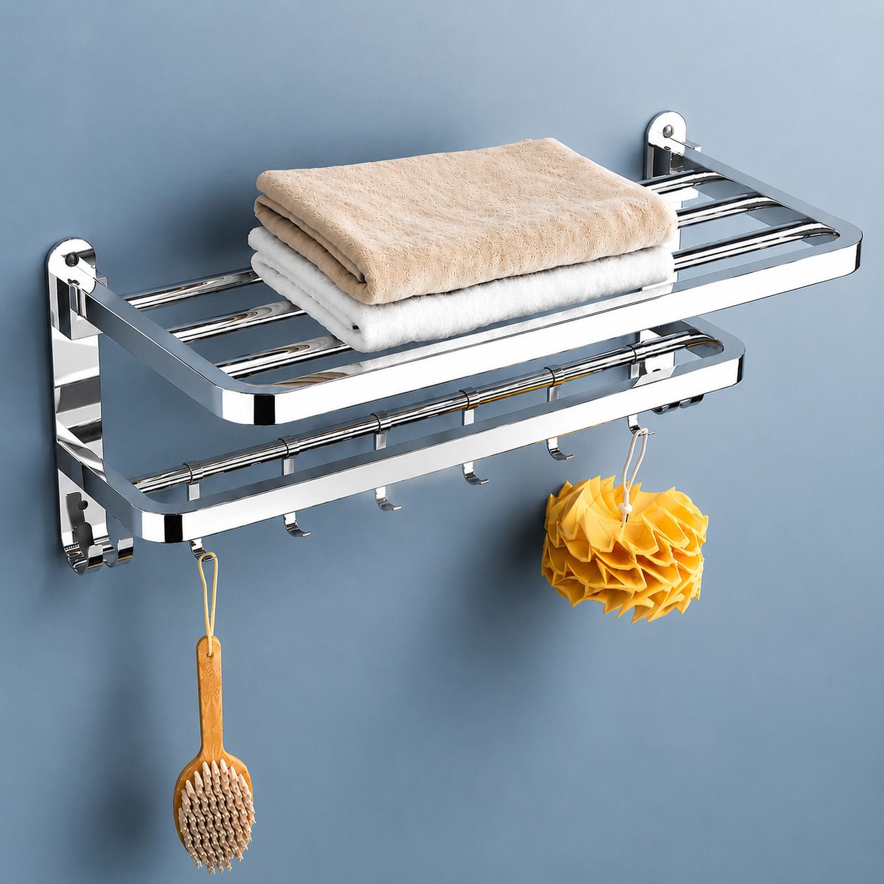 forsquare hardware products Foldable Bathroom Organizer Rack with Shelf and Hooks 60 inch 2 Bar Towel Rod-picture-44