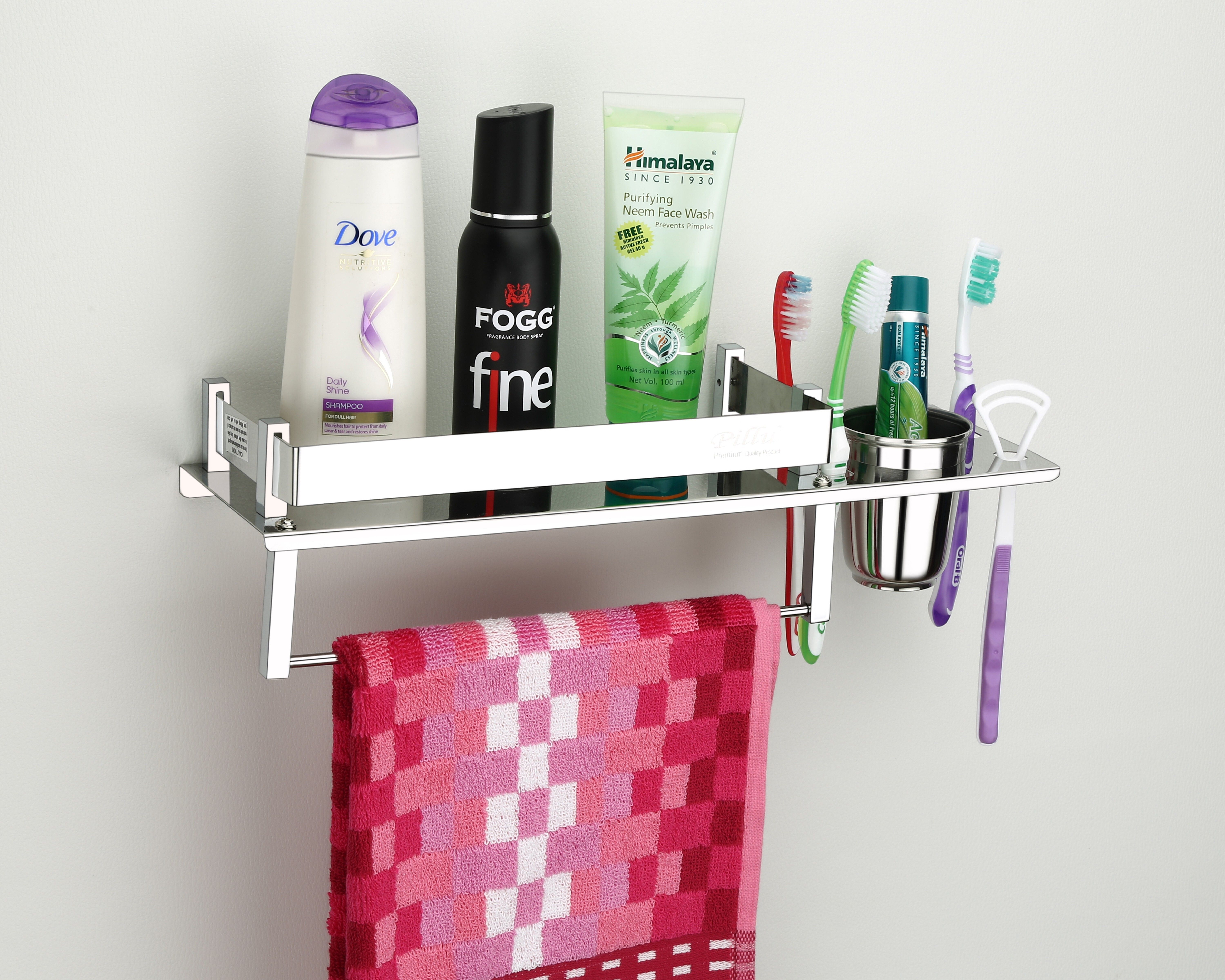 pillu Stainless Steel 3 in 1 Multipurpose Bathroom Shelf/Rack/Towel Hanger/ 15 inch 1 Bar Towel Rod-picture-15