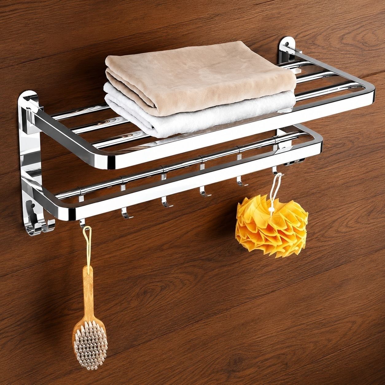 Bathroom Wall Mounted Rack with Towel Holder and Hooks 60 inch 2 Bar Towel Rod-image-19