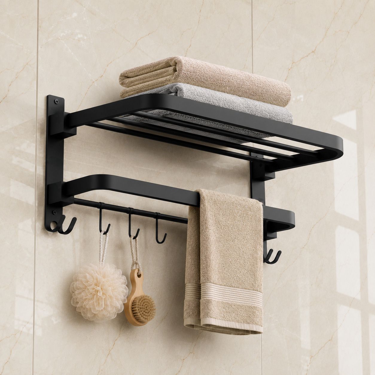 Premium Foldable Wall Mounted Bathroom Towel Rack Shelf with Bar & Hooks | 23.5 inch 1 Bar Towel Rod-image-34