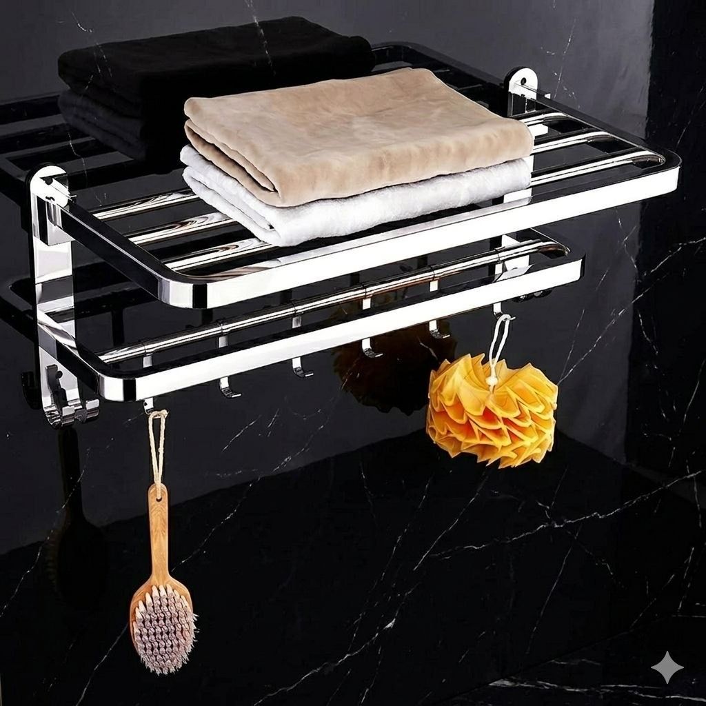 forsquare hardware products Premium SS 304 Towel Rack for Bathroom Foldable Wall Shelf with 5 Utility Hooks 60 inch 2 Bar Towel Rod-picture-17
