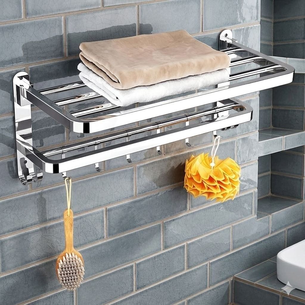 forsquare hardware products Premium Chrome Bathroom Shelf Rack with Towel Holder Bar 60 inch 2 Bar Towel Rod-picture-28