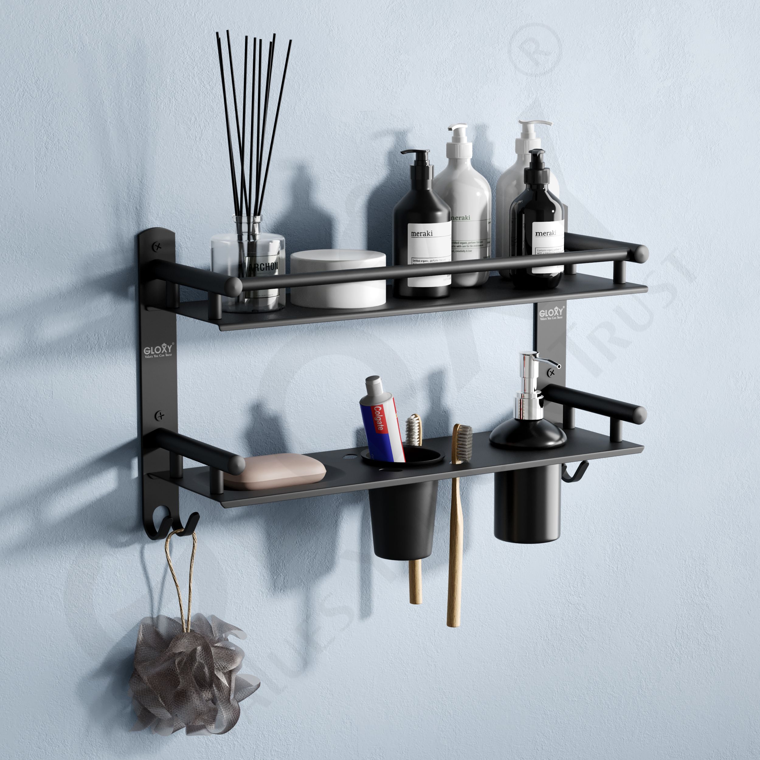 Black Matte Finish 6 in1 Multipurpose 2 Layer Bathroom Shelf, Racks Shelves 15 inch 2 Bar Towel Rod-image-33