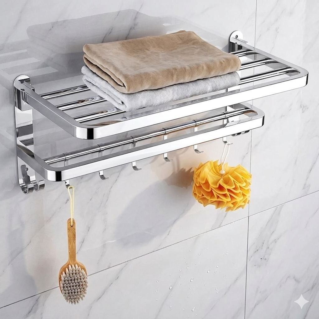 Bathroom Organizer Shelf with Towel Bar and 6 Hooks Stainless Steel 60 inch 2 Bar Towel Rod-image-45
